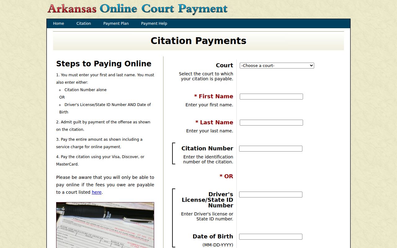 Arkansas citation query fields for a Little River County traffic case